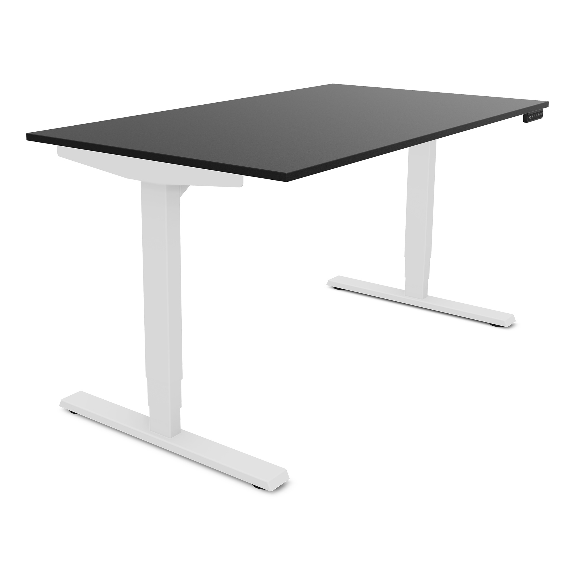 Elektrisch höhenverstellbarer Schreibtisch Y-Line Ein höhenverstellbarer Schreibtisch mit schwarzer Tischplatte und weißen Beinen.