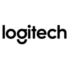 Schwarzes Logitech Logo auf weißem Hintergrund.