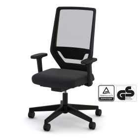 Ein schwarzer Bürostuhl mit Netzrückenlehne und Armlehnen.