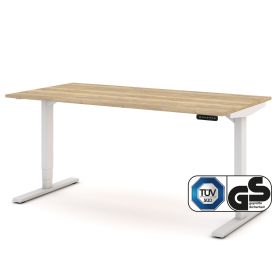 Elektrisch höhenverstellbarer Schreibtisch mit Holzplatte und weißem Gestell, TÜV SÜD und GS geprüft.