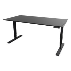 Ein schwarzer Schreibtisch mit einem modernen Design und verstellbaren Beinen.