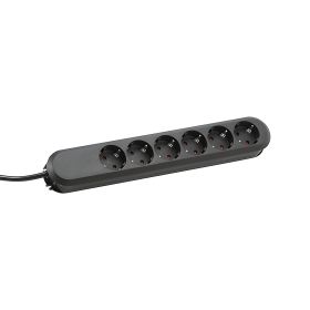 6-fach Steckdose mit 3 Meter Zuleitung Schwarze 6-fach Steckdosenleiste mit Kabel und Schukostecker
