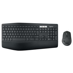 Logitech Tastatur und kabellose Maus in Schwarz als Set dargestellt.
